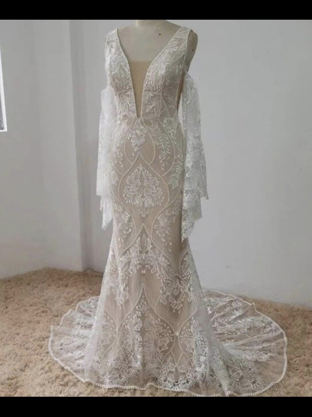 Plunging V-Neck Lace Wedding Dress in Ivory and Nude
